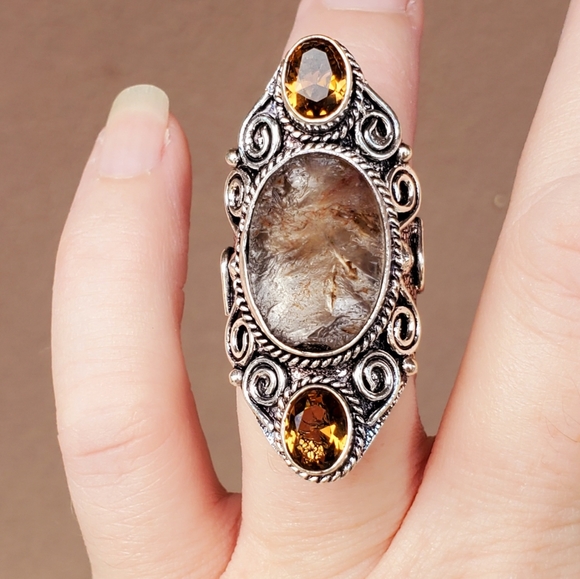 New Rough Golden Rutile and Citrine 925 Silver Statement Ring. - Picture 10 of 14